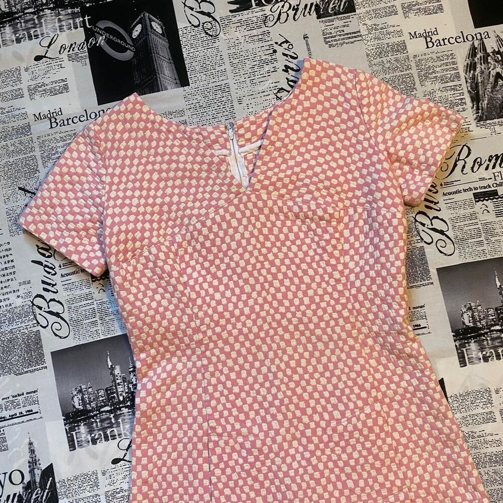 Women's Pink white checkerboard quilt midi dress vintage handmade 60s mod